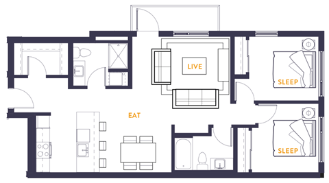Floor plan for 2 beds, 2 baths, 1011 sqft